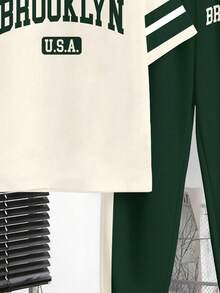 Tween Boy New Casual Minimalist Y2K Classic Color Block English Letter Sports Style Loose Comfortable Fashion Simplistic Crew Neck Short Sleeve T-Shirt And Pants Set - Multicolor - View 6