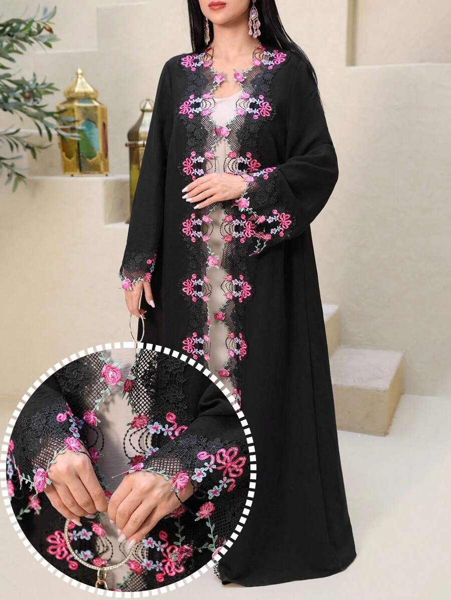Al Najma 女士优雅端庄撞色蕾丝贴花喇叭袖宽松阿拉伯长袍 - 黑色 - 查看 1