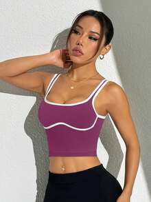 Gameset SHEIN Sport 撞色滚边 U 领休闲舒适健身运动背心 - Bold Plum - 查看 5