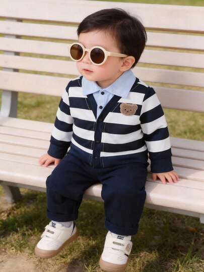 Conjunto de Sudadera de Manga Larga con Estilo de Capa de Osito de Dibujos Animados para Niños Pequeños de 2 Piezas, Camisa de Polo con Cuello y Pantalones, Ropa Casual de Moda para Niños Recien Nacidos para Primavera y Otoño