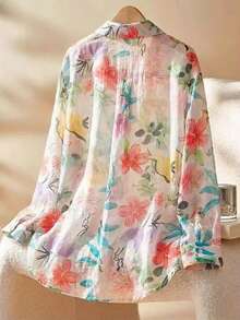 GlowEve 花卉叶子印花翻领长袖单排扣侧袋宽松薄纱女式衬衫 - 彩色 - 查看 2
