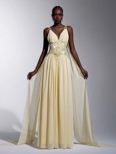 Elitara Elegant & Luxurious Light Yellow Beaded Embroidery Chiffon Dress, Adjustable Spaghetti Straps With Flared Hem, Formal Evening Gown