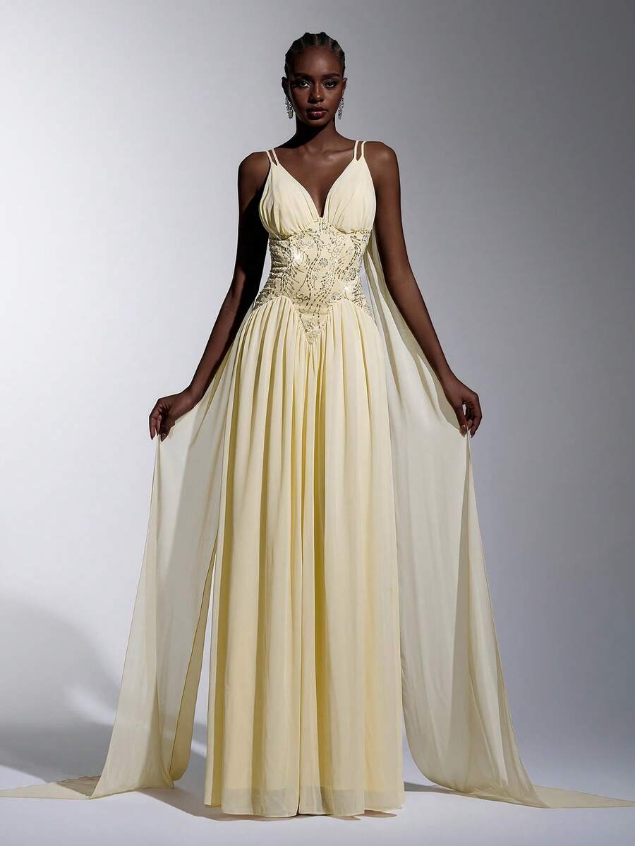 Elitara Elegant & Luxurious Light Yellow Beaded Embroidery Chiffon Dress, Adjustable Spaghetti Straps With Flared Hem, Formal Evening Gown - Light Yellow - View 1
