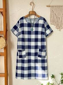 EMERY ROSE Damen Große Größen Kurzarm Schwarz & Weiß Karomuster Kleid für den frühen Frühling - marineblau - Übersicht 1