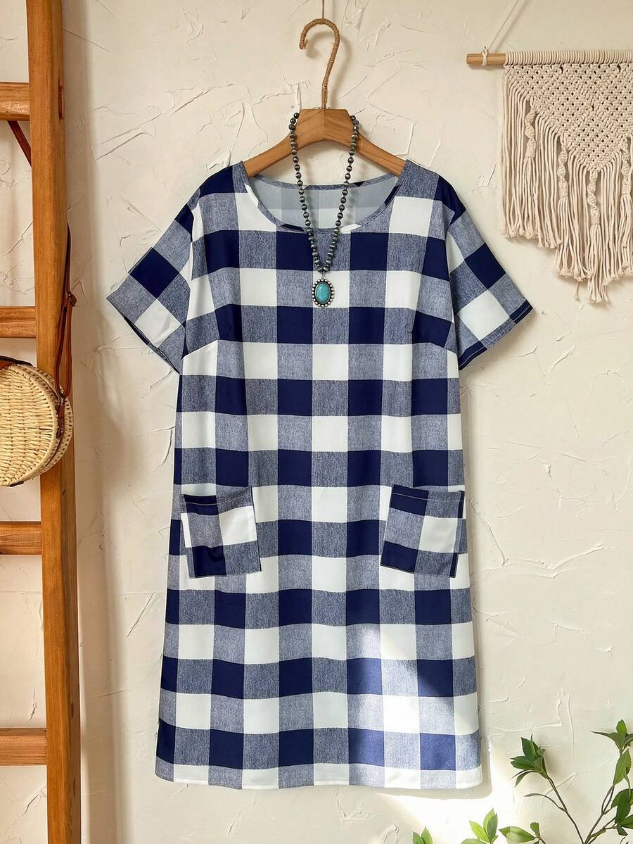 EMERY ROSE Damen Große Größen Kurzarm Schwarz & Weiß Karomuster Kleid für den frühen Frühling - marineblau - Übersicht 1