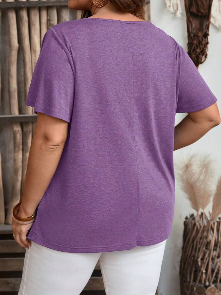 Plus Size Summer Casual Solid Color Notched Neck Short Sleeve T-Shirt