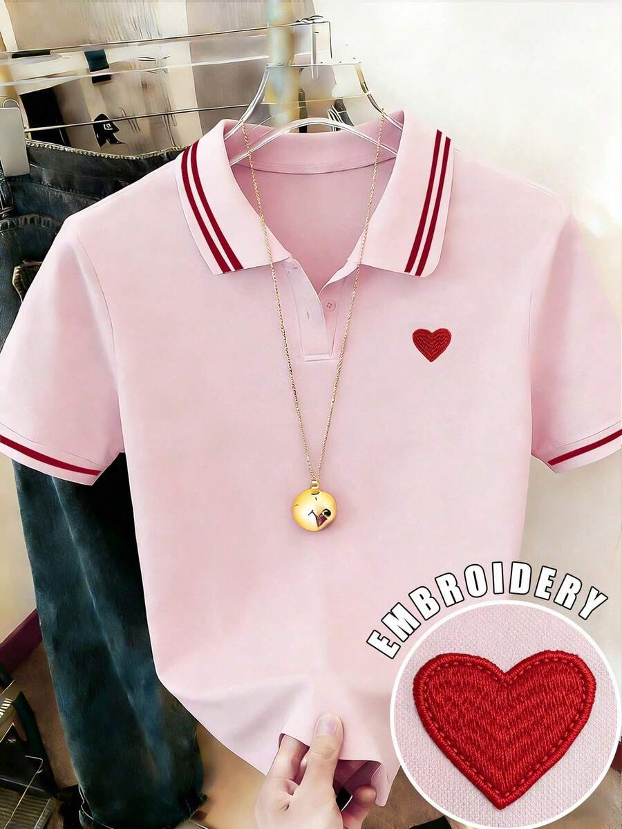 Resyla Women Summer Casual Contrast Striped Heart Pattern T-Shirt Graphic Tees Women Tops - Pink - View 1