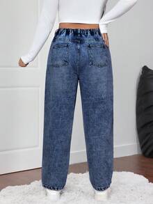 SHEIN ICON Plus Size Casual Washed High Waist Tapered Jeans - Dark Wash - View 2