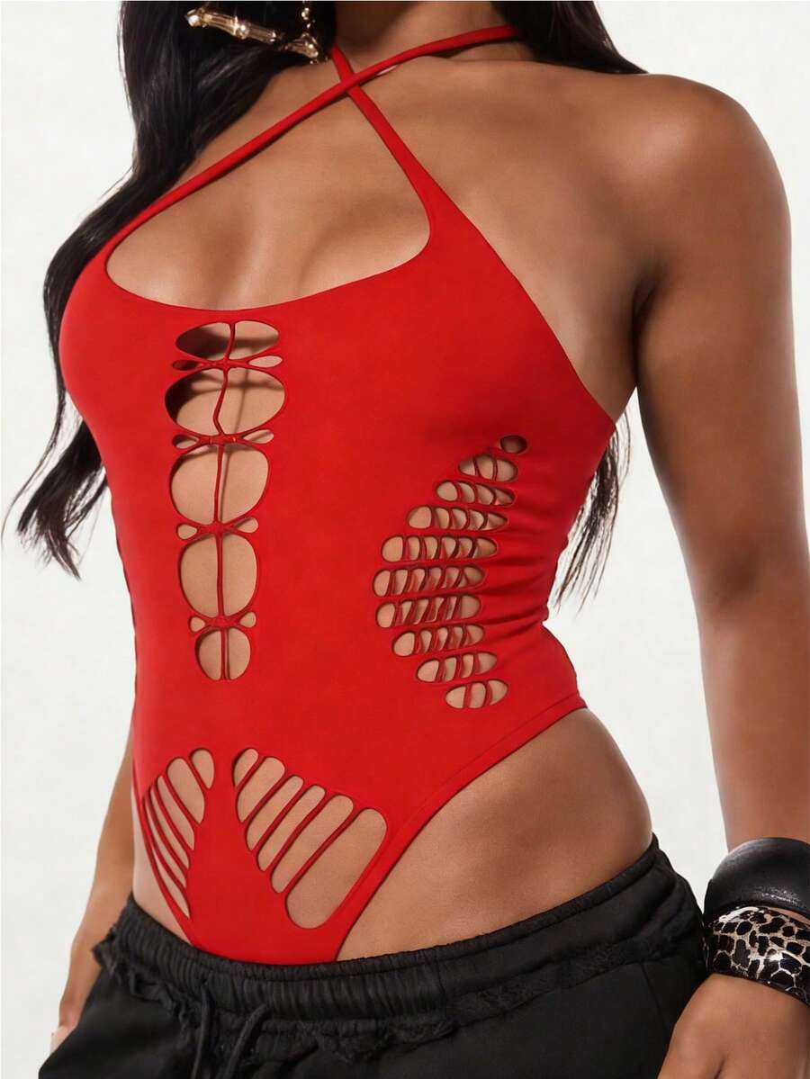 SUMWON WOMEN Halter Neck Cutout Bodysuit With Lace Up Front Detail And Cross Back Straps For Festival Clubwear - Red - View 1