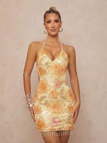 Lumalex 春夏简约复古亮片泳衣泳装度假优雅复活节波西米亚风海滩户外热门层叠婚礼季宴会成人礼海滩海边收腰时尚亮片3D花朵串珠流苏开衩系带优雅性感仙女迷你连衣裙女士生日短裙夏季波西米亚风女装 - 彩色 - 查看 3