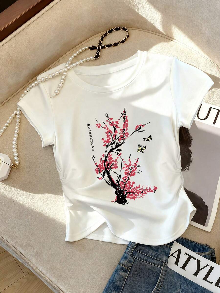 Resyla Áo nữ dáng ôm, xếp ly, in họa tiết hoa và bướm, màu trắng, thích hợp mặc ngoài trời, đa năng và thanh lịch, phù hợp cho mùa tựu trường, Ngày Nhà giáo. - trắng - Xem 1