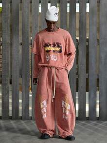 NEON BLANC Men's Casual Loose Sweatpants, Red Silkscreen Printing, Spring/Autumn - Red - View 7