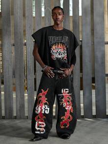 NEON BLANC Men's Letter Print Patch Pocket Loose Fit Flared Leg Jeans - Black - View 7