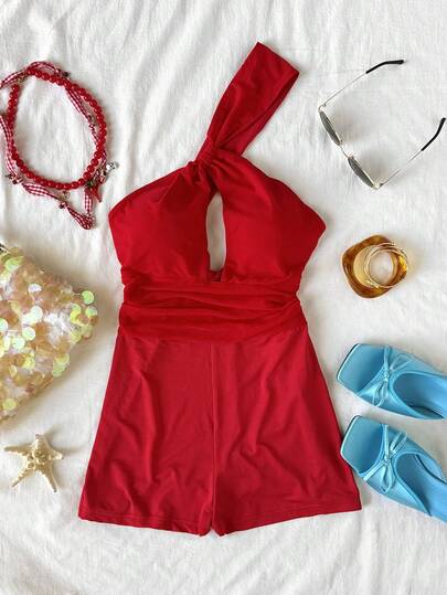 Soleia New Sexy Red Hollow-Out Backless One-Shoulder Jumpsuit, Suitable For Vacation, Music Festival, Bohemian, Holiday, Afternoon Tea, Crochet, Linen