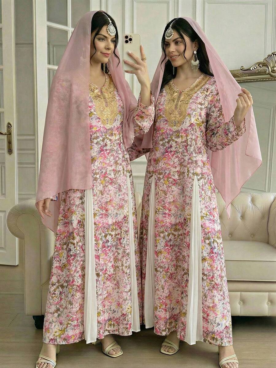 SHEIN 少女民族风印花连衣裙，V领饰有串珠，搭配轻盈雪纺披肩，优雅舒适，适合斋月、阿巴雅、贾拉比亚等传统阿拉伯服饰。 - 彩色 - 查看 1