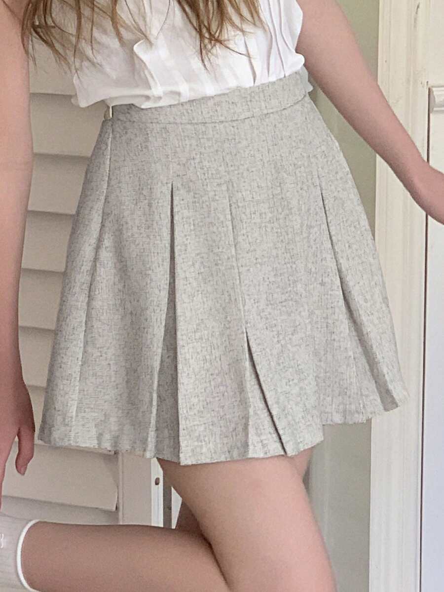 DAZY 少女休闲简约侧拉链百褶迷你裙，夏季 - 杏色 - 查看 1