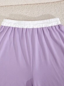 SHEIN Conjunto informal de blusa de manga larga con volantes y estampado de caballero y contraste de color, y pantalones para adolescentes - Morado - Ver 6