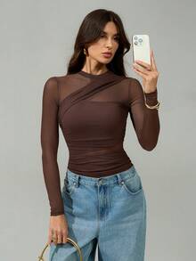 SHEIN Tall Brown Bodysuit For Women Sheer Mesh Long Sleeve Ruched Mock Neck Top, Suitable For Cocktail Party, Romantic Date, Winter Base Layer - Brown - View 8
