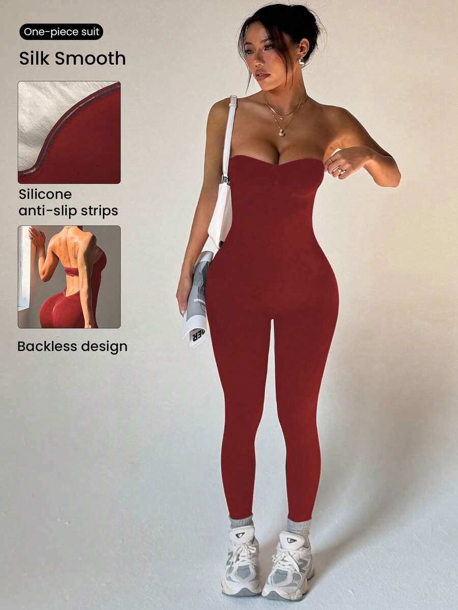 Dewbera 女士无缝露背酒红色连体衣 - 酒紅色 - 查看 1