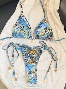 Swim Mod Women's Random Print Halter Bikini Set, Spring/Summer - Multicolor - View 4