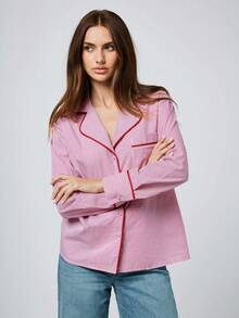 Maija 2025 Autumn/Winter Asymmetric Collar Contrast Trim Striped Women Pink Blouse - Hot Pink - View 5