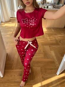 SHEIN Cute Bow Print Round Neck Women Pajama Set - Burgundy - View 5