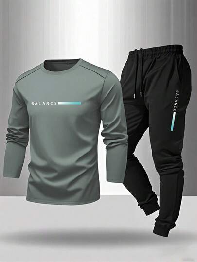 Manfinity Sport Corelite Men's Casual Printed Crew Neck Long Sleeve T-Shirt & Jogger Pants Sports Suit