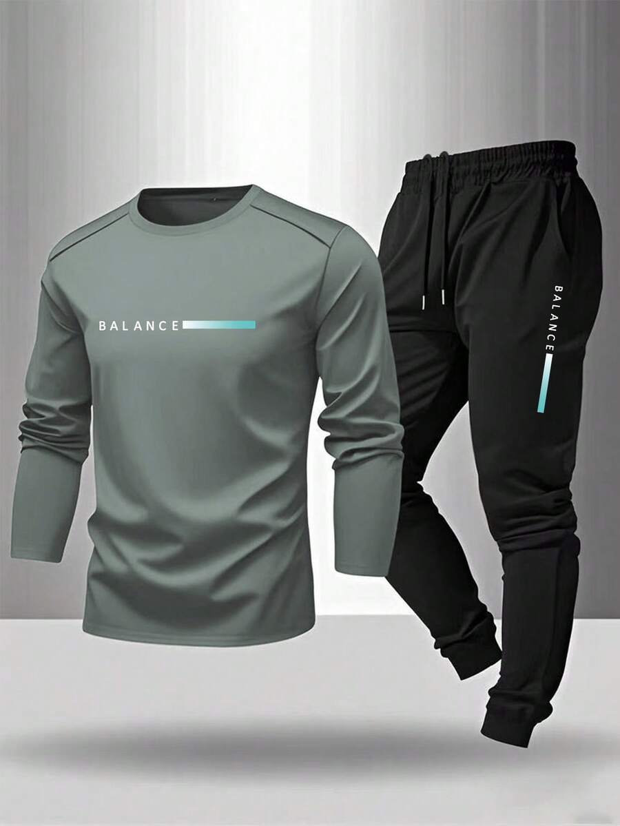 Manfinity Sport Corelite 男士休闲印花圆领长袖T恤和慢跑裤运动套装 - 淺灰色 - 查看 1