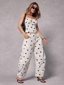 Hauture Women's Polka Dot Pattern Pocket Loose Fit Flared Jeans - White - View 4