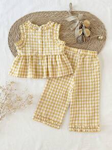 SHEIN Baby Girls' Yellow Plaid Sleeveless Ruffle Top And Pants Set, Suitable For Outings And Daily Wear, Spring/Summer - Yellow - View 2