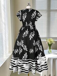 Rometta Plus Size Elegant Leaf Print Waist Cinched Dress, Summer Black And White Leaf Print Dress Black And White Floral Dress Vintage Style Dress Black And White Dress Women - Black - View 8