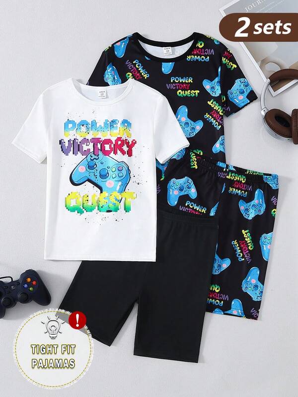 2件套青少年男孩字母和游戏机图案短袖T恤和短裤修身家居服套装