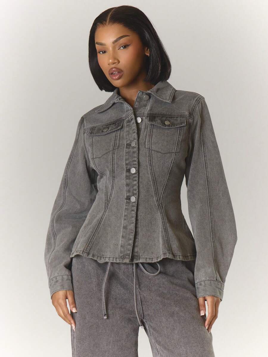 MUSERA Cinched Waist Curved Hem Contrast Stitch Denim Jacket Co-Ord Top Only Winter Night Out Going Out Streetwear Cute Back To School Sexy Uncut Chic - Grey - View 1