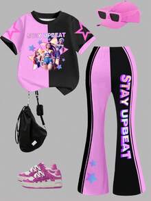 2pcs/Set Girls Casual Fashion T-Shirt And Flare Pants Outfit, Cool Star Print, Cartoon Character Design, Suitable For Spring, Summer, Autumn, Winter, School, Outdoor, Party, Gift - Multicolor - View 4