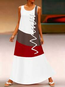 EMERY ROSE Sleeveless Printed Color Block Dress For Women, Pocket-Free, Summer Maxi Women Outfit - White - View 3