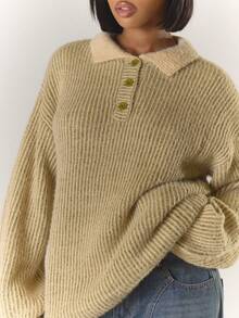 MUSERA Two Tone Mohair Knit Collar Oversized Button Detail Jumper Cool Girl, Streetstyle, Cute, , , Winter Spring - Khaki - View 5