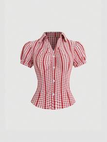 Sweetra Women's Elegant Vintage Red Plaid Puff Sleeve Cinched Waist Short Sleeve Blouse, Spring/Summer - Red - View 1