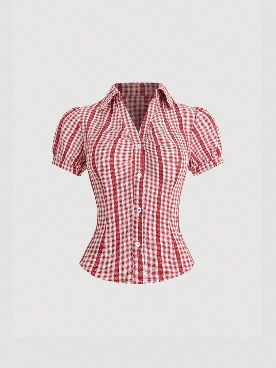 Sweetra Women's Elegant Vintage Red Plaid Puff Sleeve Cinched Waist Short Sleeve Blouse, Spring/Summer - Red - View 1
