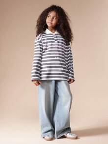 SUMWON Girls Striped Long Sleeve Polo Shirt With NYC Text Print White Collar Button Front Top Casual Vacation - Blue - View 3