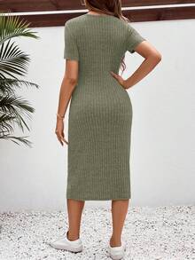 SHEIN Đầm bầu dáng suông, cổ tròn, ôm sát, dài đến đầu gối, thích hợp mặc thường ngày. - xanh quân đội - Xem 2