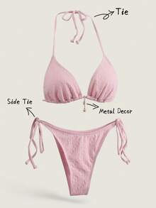 Elavelle Women Solid Color Jacquard Metal Decor Spaghetti Strap Bikini Set For Summer - Pink - View 1