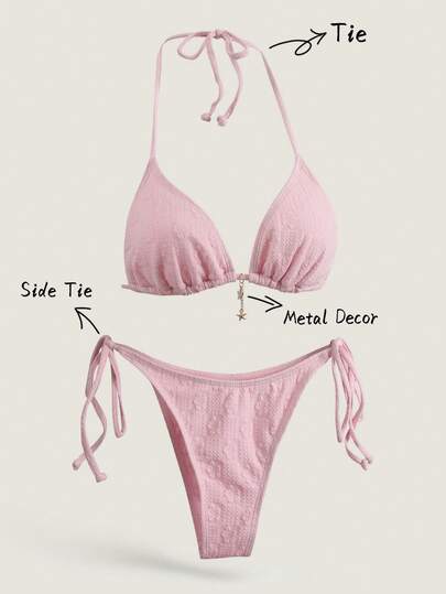 Elavelle 女士纯色提花金属装饰细肩带比基尼套装（夏季）