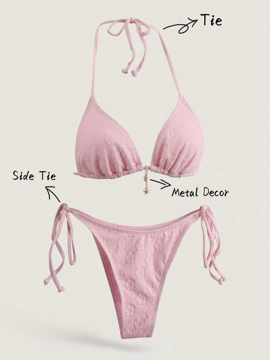 Elavelle Women Solid Color Jacquard Metal Decor Spaghetti Strap Bikini Set For Summer - Pink - View 1