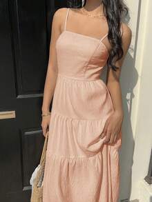 Sunnyshic Vestido suelto y fluido con camisola de cordón plisado de tela texturizada de melocotón, estilo favorecedor y de vacaciones, sin mangas - Naranja - Ver 6