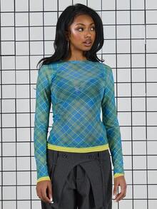 COUREZ 长袖格纹网纱上衣 / Y2K 冬季外出穿搭 性感外出穿搭 夜间外出穿搭 性感 - 淺藍色 - 查看 1