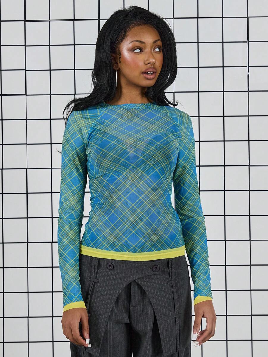 COUREZ 长袖格纹网纱上衣 / Y2K 冬季外出穿搭 性感外出穿搭 夜间外出穿搭 性感 - 淺藍色 - 查看 1