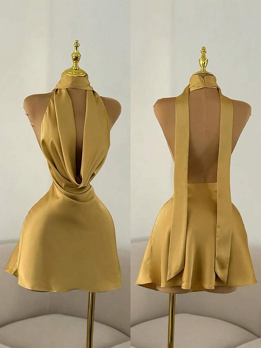 Aloruh 性感露背迷你连衣裙，深V领口和系带设计，浪漫约会装扮 - 芥末黃 - 查看 1