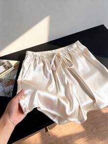 GlowEve Shorts Casuais Soltos Elegantes e da Moda Femininos de Cintura Alta Elástica com Bolso Oblíquo e Amarração - Damasco - Visão 3