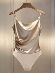 Franclia Women's Plunging Neckline Ruched Waist Fashionable Versatile Bodysuit Gold Bodysuit Draped Bodysuit Cream Bodysuit Beige Bodysuit Satin Bodysuit Metallic Bodysuit One Piece Gold Sleeveless Top Beige Sleeveless Top