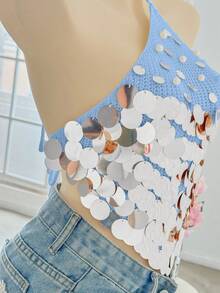 Elamini Sexy Versatile Vacation Style Beaded Halter Knit Top - Blue - View 4